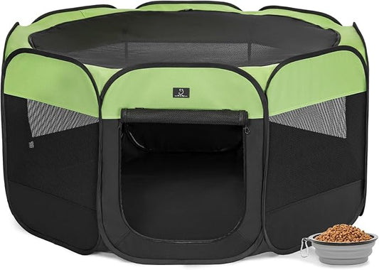A4Pet Portable Pet Playpen, 49” Pop Up Dog Playpen with Bowl, Suitable for Puppies, Kittens, and Small Animals, Removable Zipper & Mesh Panel(19”W × 12”H)-PurrikoPets