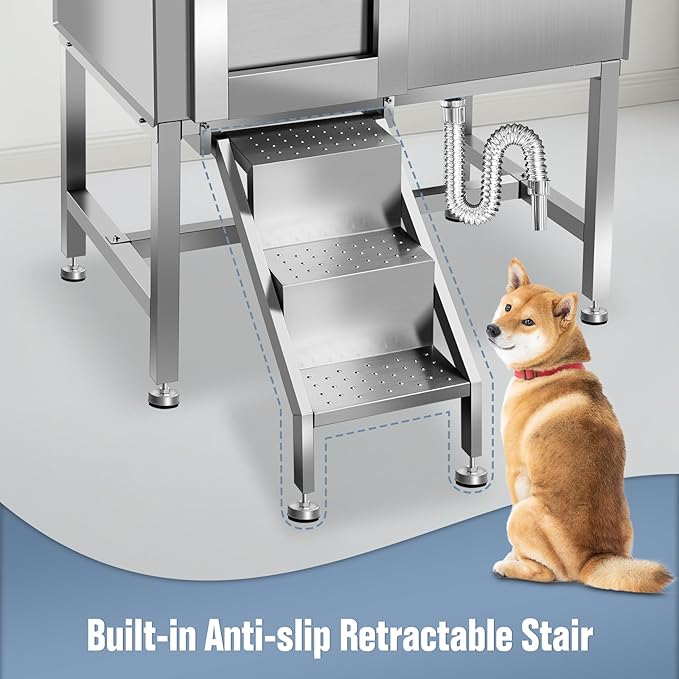 38" Pet Dog Bathing Station W/Ramp, Professional Stainless Steel Dog Grooming Tub W/Soap Box, Faucet,Rich Accessory, Dog Bathtub for Large,Medium,Small Pets, Washing Sink for Home,L-RAMP-PurrikoPets