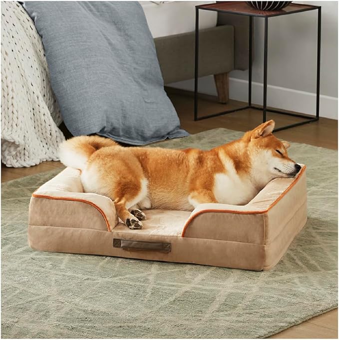 Friends Forever Orthopedic Dog Bed for Medium Dogs, Waterproof Memory Foam Dog Sofa Bed M with Removable Washable Cover, Ally Khaki, 28x23x6.5-PurrikoPets