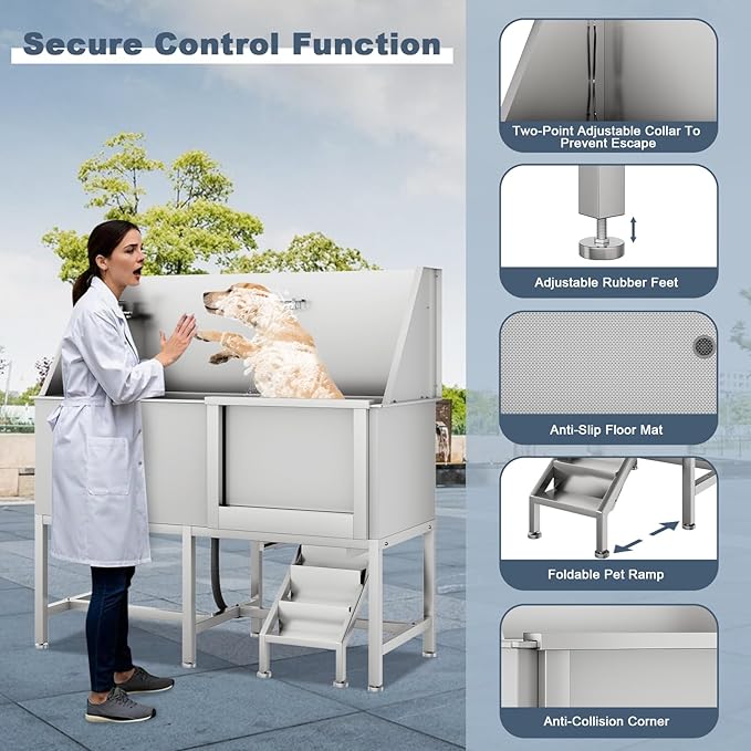 62" Professional Stainless Steel Dog Bathing Station, Large Dog Washing Station W/Dog Bath Brush, Washing Gloves, Floor Grate, Dog and Cat Bath Tub, Dog Washing Sink (62 Inch Right Door)-PurrikoPets