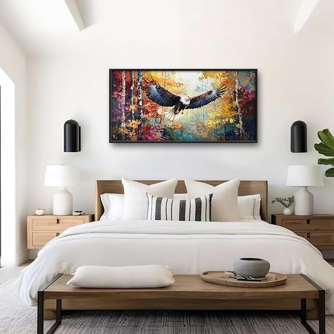 Extra Large Framed Bald Eagle Wall Art,Abstract Colorful Forest Wall Decor,Autumn Fall Forest Pictures for Living Room,Canvas Print Painting Modern Artwork Bedroom Office Home Decor 60L x 30W-PurrikoPets
