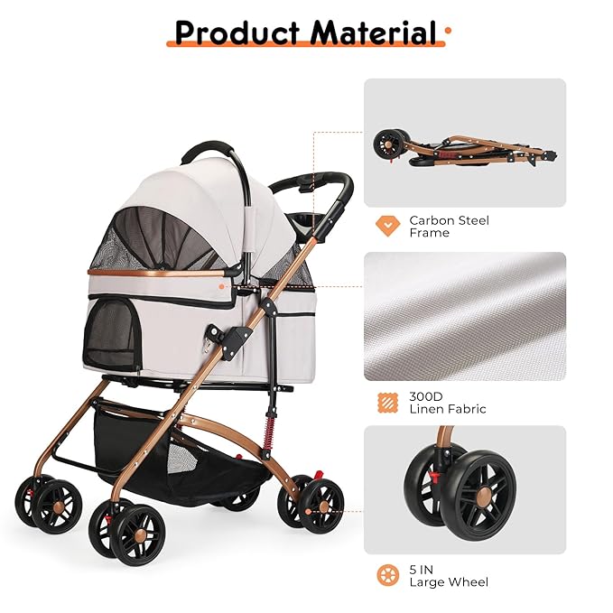 3-in-1 Foldable Pet Stroller for Medium Dogs & Cats (50lbs) - Detachable Carrier, Car Seat, Storage Basket, 5" Lockable Wheels-PurrikoPets