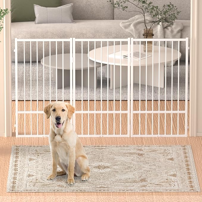 Full Metal Freestanding Dog Gate with Door, 36''Height Foldable Pet Dog Fence for Indoor & Outdoor, 3 Panels Extra Wide Free Standing TallDog Gates for Doorways,House,Stairs,Porch,Deck,Yard-PurrikoPets