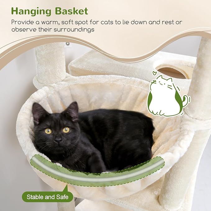 Globlazer Cat Tree Tower, 76-Inch Extra Tall Multi-Level Cat Furniture with Cozy Condos, Hammock and Perches for Adult Cats, Perfect for Climbing, Scratching, and Play, F76, Beige-PurrikoPets
