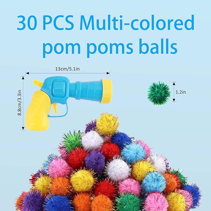 102Pcs Cat Toy Gun Launcher - 100 Sparkle Pom Pom Balls and 2 Ball Launchers, Interactive Fetch Toy Shooter for Indoor Cats and Kitty-PurrikoPets