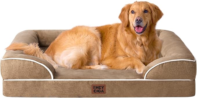 EHEYCIGA Orthopedic Dog Beds for Extra Large Dogs, Waterproof Memory Foam XL Dog Bed with Sides, Non-Slip Bottom and Egg-Crate Foam Big Pet Couch Bed with Washable Removable Cover, Camel-PurrikoPets