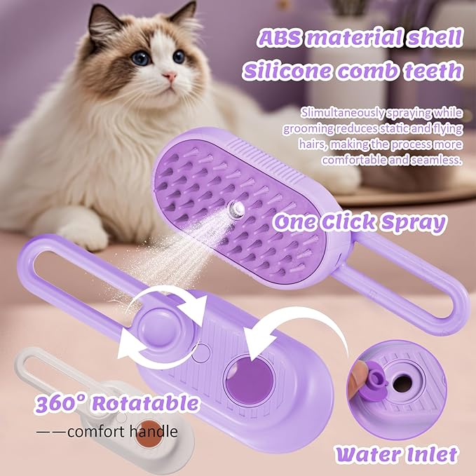 4 in 1 Cat & Dog Steam Brush for Long/Short Hair Shedding - Rechargeable Pet Grooming Brush with Anti-Static Steam Spray, Foldable Handle & Dual Massage Modes for Home Pet Spa Cleaning-PurrikoPets