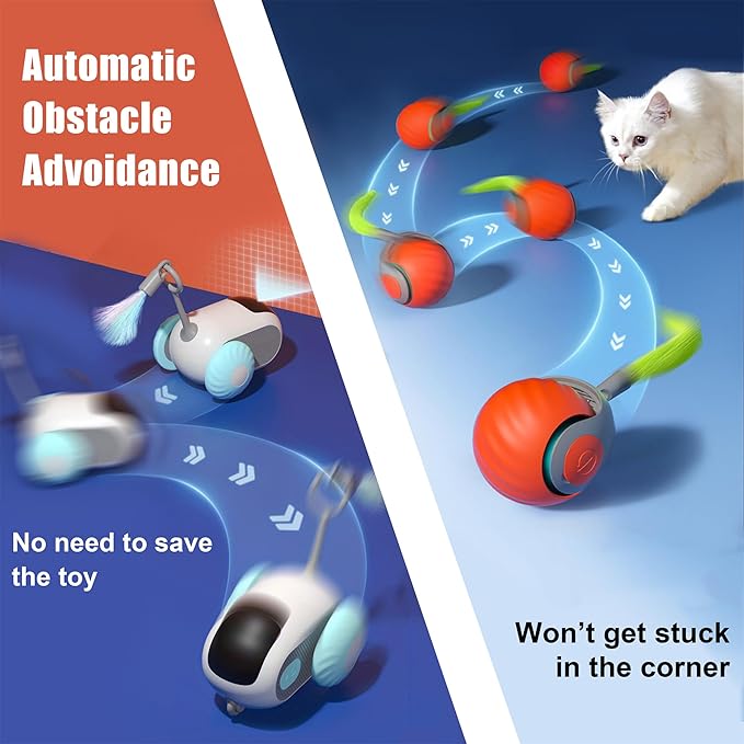 1pc Interactive Automatic Remote Control Cat Mice Car Toy and 1pc Smart Electric Moving Speedy Cat Ball Toy with Feather Tail, Suitable for Dogs, Keep Busy, Stimulating, Rechargeable (orange)-PurrikoPets