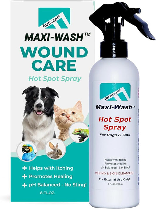 Forticept Maxi-Wash Hot Spot Spray Treatment, Wound Care & Itch Relief Spray for Dogs and Cats. Relives Scratching, Rashes, Sores, Itchy Skin and Paw Licking 8 oz-PurrikoPets