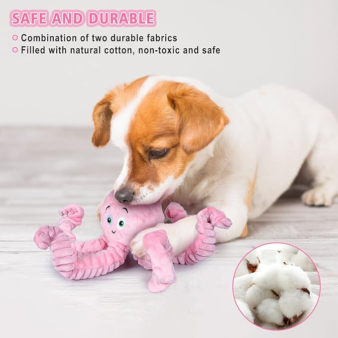 Dog Squeaky Toys Octopus - Tough Plush Large Medium & Small Dog Toys - Stuffed Animals Puppy Toys (Octopus Pink)-PurrikoPets