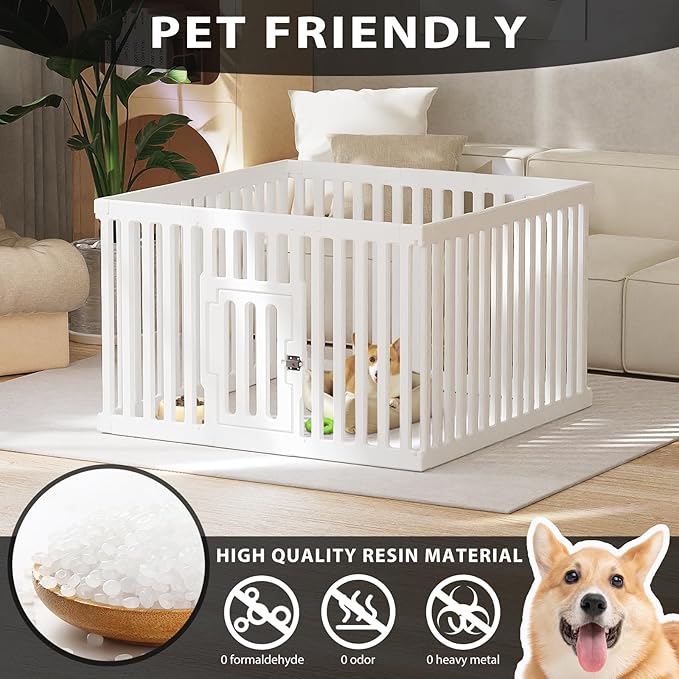 Dog Playpen with Door, 12 Panels Puppy Playpen, 25.6” H Dog Pen for Small Cats and Dogs, Pet Fence for Indoor & Outdoor, Non-Slip Pet Gate Made of Strong Plastic, White-PurrikoPets
