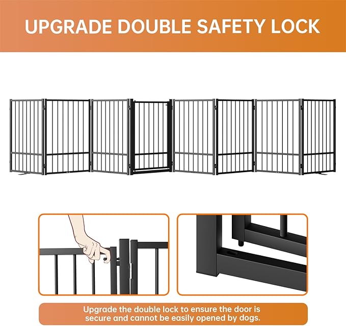 Full Metal Freestanding Dog Gate with Door, 32''Height Foldable Pet Dog Fence for Indoor & Outdoor, 8 Panels Extra Wide Free Standing TallDog Gates for Doorways,House,Stairs,Porch,Deck,Yard-PurrikoPets