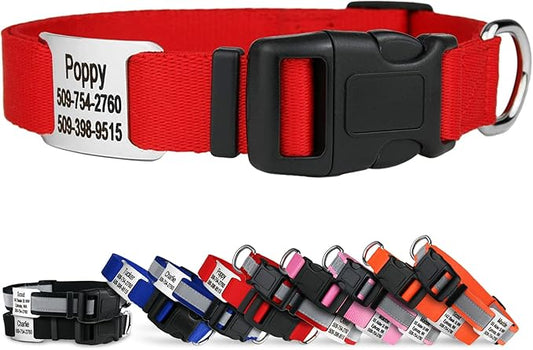 GoTags Personalized Dog Collar with Nameplate, Adjustable Dog Collar with Custom Engraved Slide On Pet ID Tag in Stainless Steel, Silent, No Noise Dog Tag for Large Medium and Small (Red, Small)-PurrikoPets