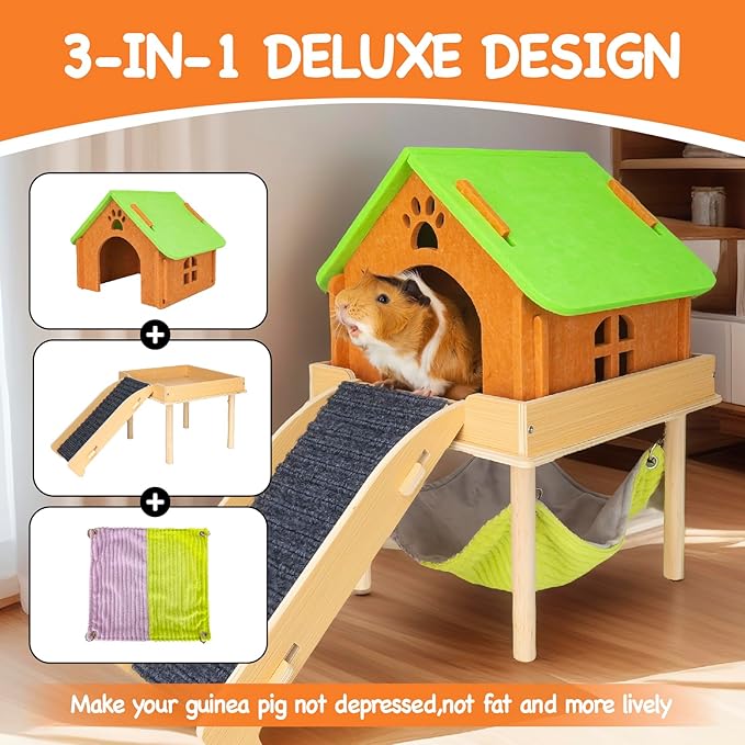 3 in 1 Enlarged Guinea Pig Hammock with House & Platform,Wooden Guinea Pig Hideout with Hammock & Stairs Small Animal Toys for Hiding Sleeping Activities-PurrikoPets