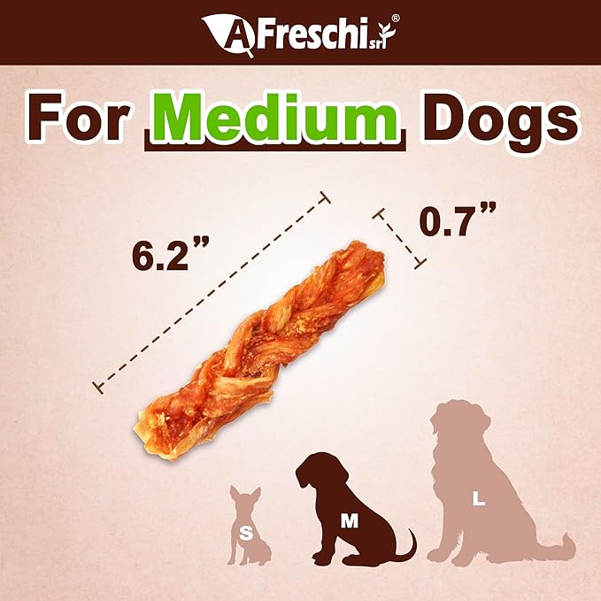 Afreschi Turkey Tendon Dog Treats, 8 oz Braid (for Medium Breeds), USA-Sourced Turkey Tendon, All Natural Puppy Chew, Hypoallergenic, Rawhide Alternative-PurrikoPets