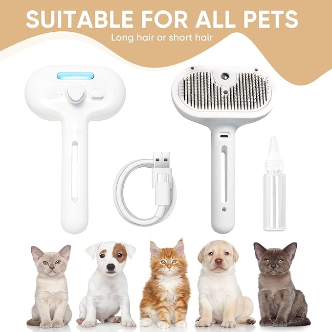 3-in-1 Cat Steam Brush – Pet Grooming & Shedding Comb with Gentle Steam Spray, One-Click Hair Release, for Long & Short Hair Cats & Dogs (White)-PurrikoPets