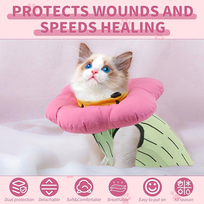 EMUST 2PCS Cat Recovery Suit and Cone Collar - Breathable Spay Suit, Adjustable Soft E Collar Alternative for Cats After Surgery - Green, L (8-16lb)-PurrikoPets