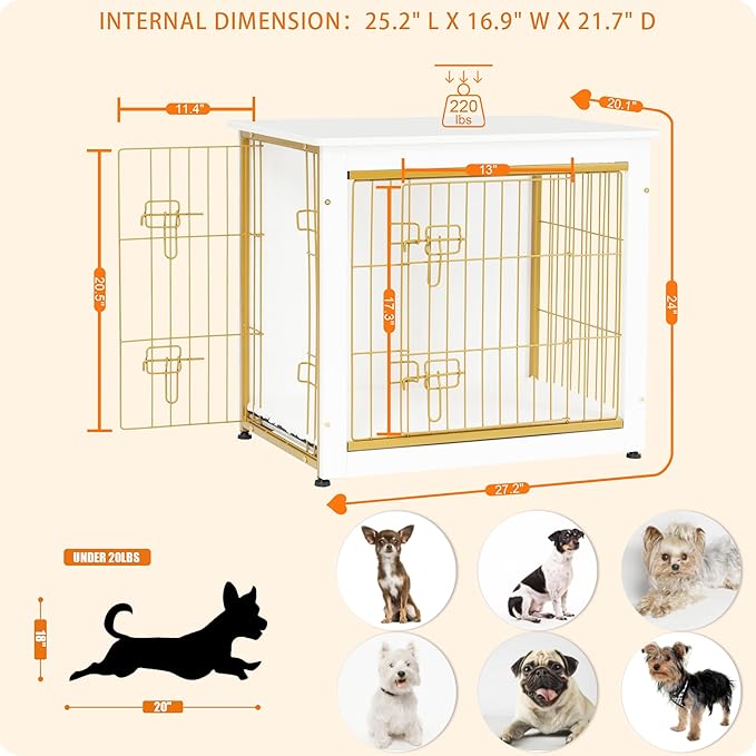 DWANTON Dog Crate Furniture with Cushion, Wooden Kennel Table with Double Doors, Indoor Dog House, Small/Medium/Large Size, 27.2" L, White-PurrikoPets