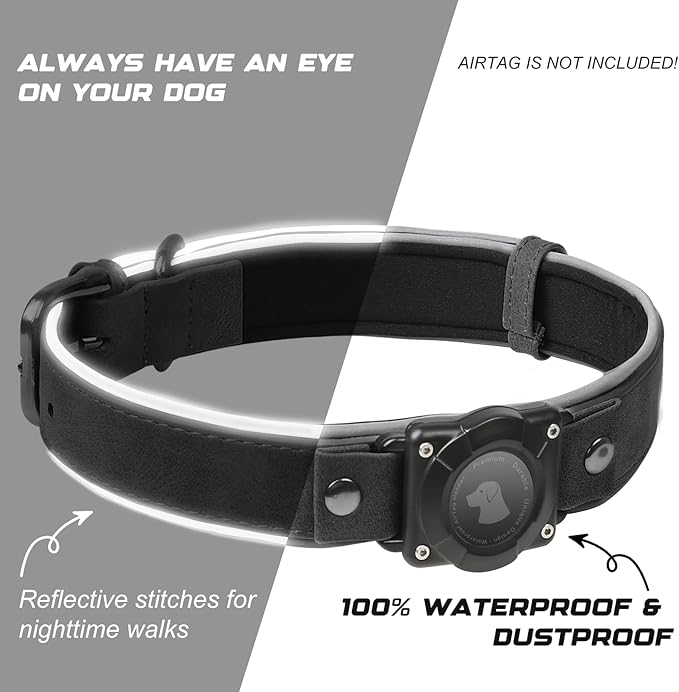 AirTag Dog Collar - Leather Dog Collar with Air Tag Holder | IPX8 Waterproof, Reflective, High - End, Adjustable Soft Padded | Dog GPS Tracker Collars Fit for Medium Large Dogs (Black, XL)-PurrikoPets