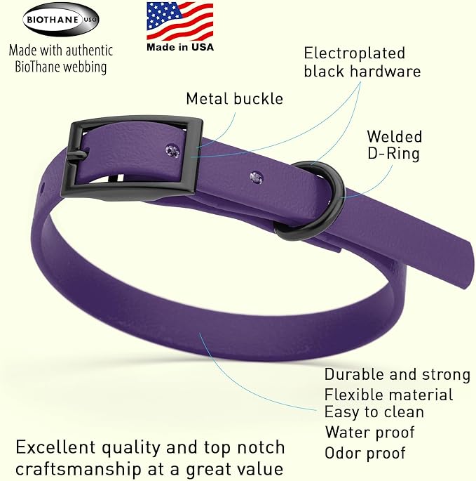 Dogline Biothane Waterproof Dog Collar Strong Coated Nylon Webbing with Black Hardware Odor- Proof for Easy Care Easy to Clean High Performance Fits Small Medium or Large Dogs, Violet Purple-PurrikoPets