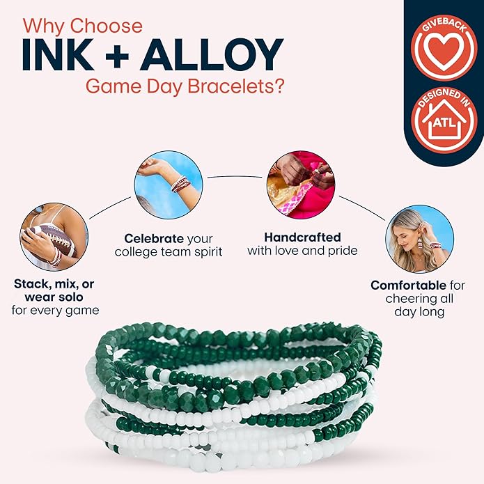 INK + ALLOY Game Day Bracelet Stacks, Beaded Bracelets for Football Gameday Outfits, Handmade Jewelry for College Students, Teachers, Football Moms, Set of 10