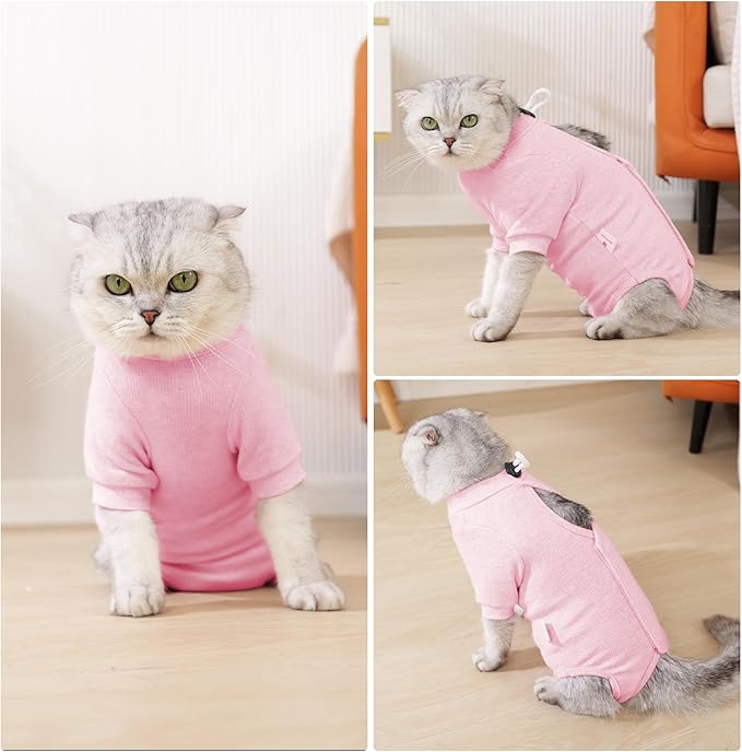 Dotoner Cat Surgery Recovery Suit for Female Male Anti-Licking Pet Surgical Pajamas Long Sleeve Prevent Shedding Cat Spay Recovery Suit&E Collar Alternative Bodysuit for Cats-PurrikoPets