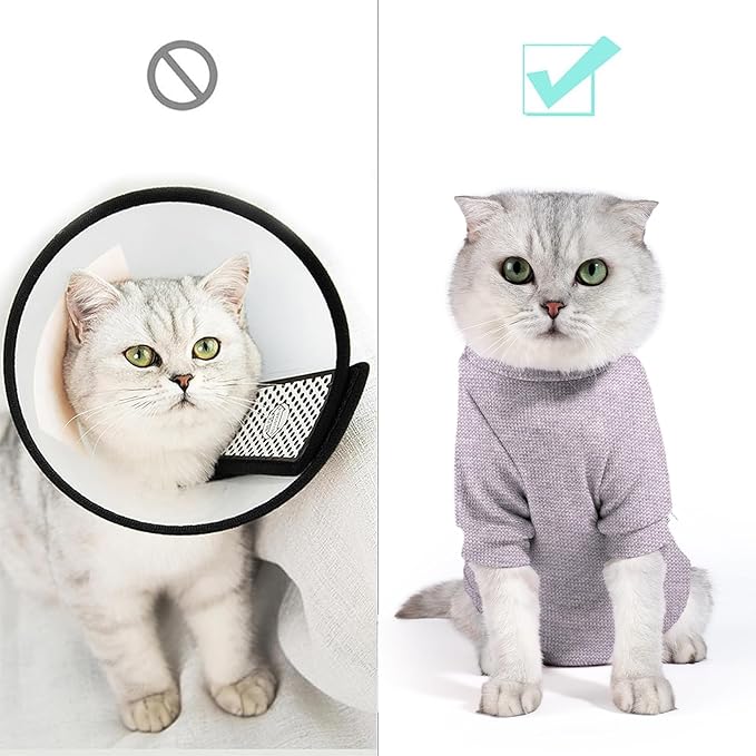 Dotoner Cat Surgery Recovery Suit for Female Male Anti-Licking Pet Surgical Pajamas Long Sleeve Prevent Shedding Cat Spay Recovery Suit&E Collar Alternative Bodysuit for Cats-PurrikoPets