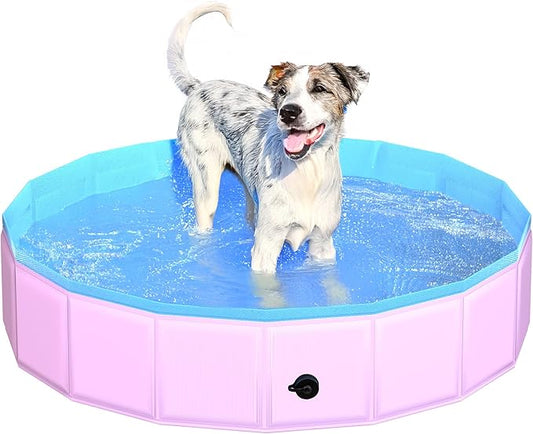 2025 Updated Foldable Dog Pool, 39.5" x 12" Kiddie Pool with Hard Plastic, Non-Slip Dog Bath Tub for Outdoor Backyard, Collapsible Dog Swimming Pool for Kids Dogs Pets (Pink)-PurrikoPets