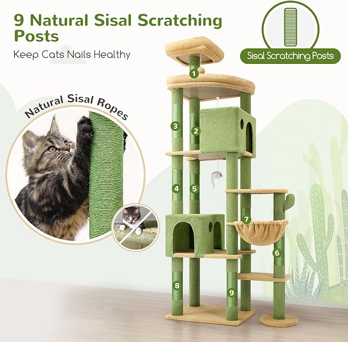Globlazer Cactus Giant Cat Tree, 83 inch Cat Tree for Indoor Cats Large Adult, XXL Cat Tower with 9 Scratching Posts for 20lb+ Heavy Duty Large Adult Cats, F83, Green-PurrikoPets