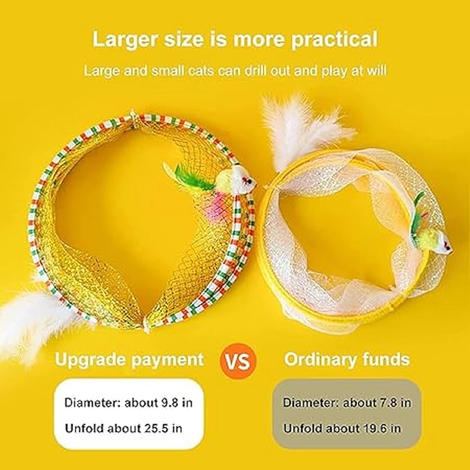 Folded Cat Tunnel Toy for Indoor Cats, 2 PCS Collapsible Pet Spring Cat Toys with Feather Mouse Upgrade Interactive Toy Playing Tent for Puppy Kitten Accessories Home-PurrikoPets