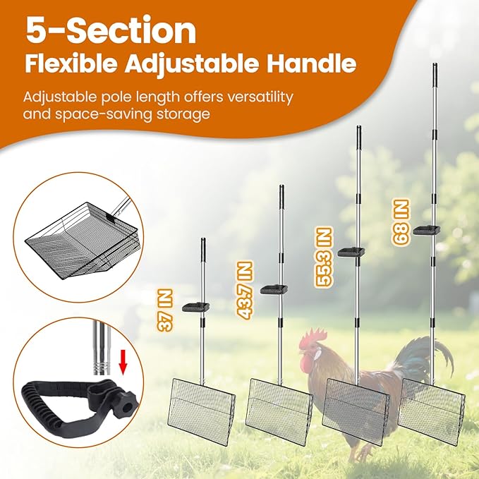 15 inch Extra Large Chicken Poop Scooper with Ergonomic Grip,5-in-1 Heavy Duty Adjustable Coop Scoop for Poop (24 to 68"), Stainless Steel Sifting Litter Shovel Scoop for Chicken Coop-PurrikoPets