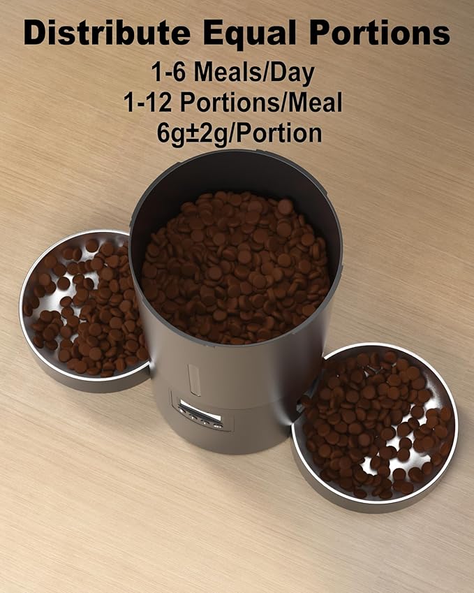 Dual Automatic Cat Feeder 2 Cats,6 Meals/Day,12 Portions/Meal,4.2L Dual Power Double Bowls Feeder,Dry Food Auto Pet Dispenser,10S Voice Record,Flexible Schedule Timer (Black,Stainless Dual Bowls)-PurrikoPets