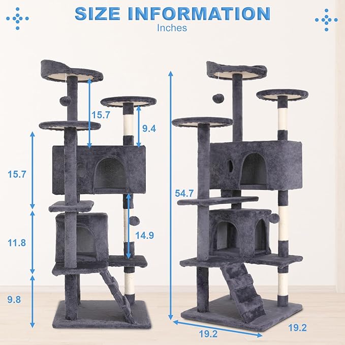 FDW Cat Tree 54in Cat Tower Multi-Level Durable Cat Scratching Post & Cozy Fun Cat Jumping Platform Space Saving Cat Condo Pet Play House for Indoor Cats,Ashy-PurrikoPets
