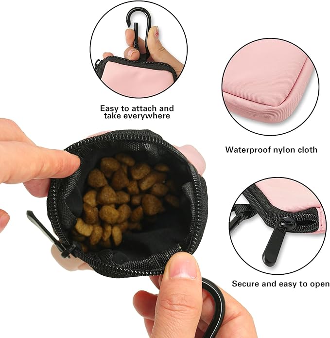 Dog Treat Pouch 2 PCS, Waterproof Small Dog Treat Bag for Leash, Hands Free Dog Walking Bag with Carabiner, Dog Poop Bag Holder for Pet Puppy Travel or Outdoor Use, Zipper Closure to Avoid Spilling-PurrikoPets
