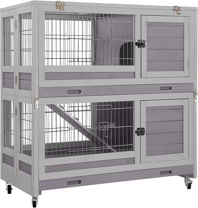 Aivituvin Large Rabbit Hutch Indoor and Outdoor Folding Bunny Cage on Wheels Guinea Pig Cage with Deep No Leak Pull Out Tray,Upgrade Version (Light Gray)-PurrikoPets
