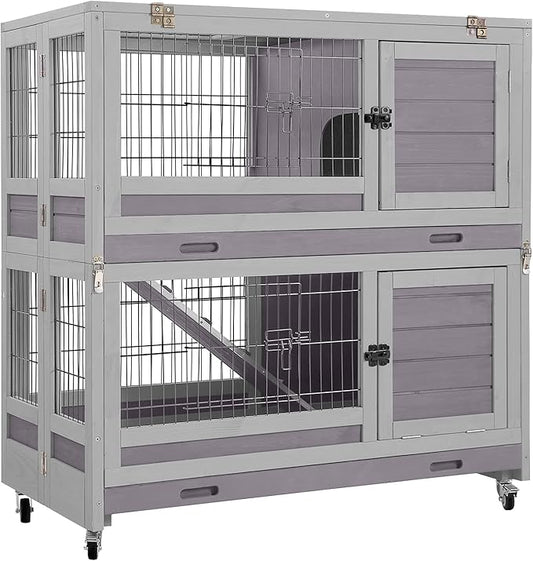 Aivituvin Large Rabbit Hutch Indoor and Outdoor Folding Bunny Cage on Wheels Guinea Pig Cage with Deep No Leak Pull Out Tray,Upgrade Version (Light Gray)-PurrikoPets