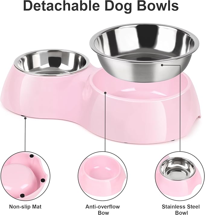 Elevated Dog Bowls Set - Non-Slip Raised Pet Feeder with Medium (10 oz) & Large (20 oz) Stainless Steel Bowls - Includes Durable Resin Stand for Puppies, Adult Dogs & Cats - Pink-PurrikoPets