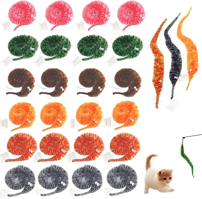 24 PCS Cat Worm Toy Zebra Print Feather Worm Teaser Refills Attachment Cute Cat Wand Replacement Interactive Wand Accessories for Fishing Pole Toy Teaser for Indoor Cats Kitten-PurrikoPets
