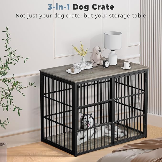 48'' XXL Dog Crate Furniture with 3 Doors, Wooden Crate End Table Heavy Duty Indoor Combination Cage for Medium to Large Dogs, Multiple Units Can be Combined, Grey-PurrikoPets