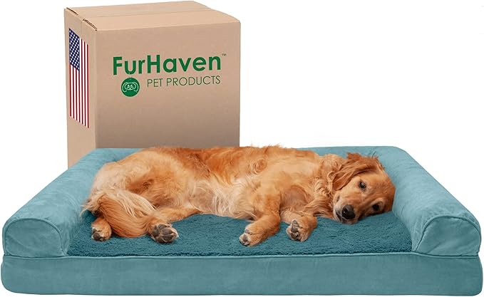 Furhaven Cooling Gel Dog Bed for Large Dogs w/ Removable Bolsters & Washable Cover, For Dogs Up to 95 lbs - Plush & Suede Sofa - Deep Pool, Jumbo/XL-PurrikoPets