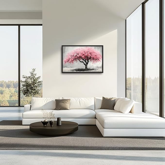 Extra Large Framed Pink Tree Wall Art,Abstract Tree of Life Wall Decor,Pink and Grey Pictures for Living Room,Canvas Print Painting Modern Artwork Bedroom Office Bathroom Home Decor 36L x24W-PurrikoPets