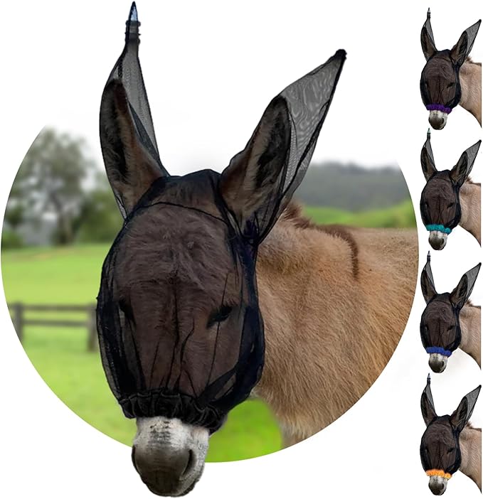 Donkey Fly Mask with Long Ears (Black) Made in USA - Mule Fly Mask with Ears Protection from Insects and Bugs, Small Donkey Soft Mesh Fabric with Adjustable Fastener, Face Cover Supplies for Donkeys-PurrikoPets
