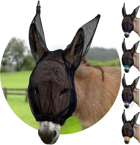 Donkey Fly Mask with Long Ears (Black) Made in USA - Mule Fly Mask with Ears Protection from Insects and Bugs, Small Donkey Soft Mesh Fabric with Adjustable Fastener, Face Cover Supplies for Donkeys-PurrikoPets