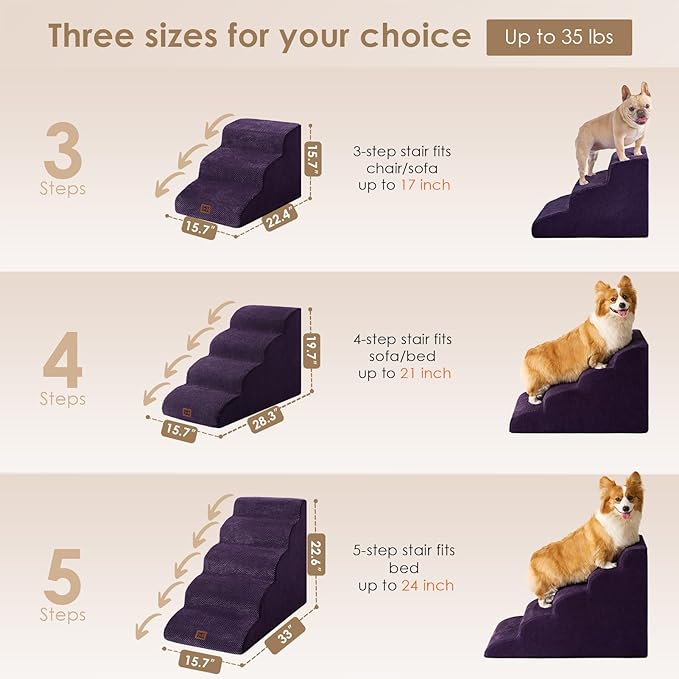 EHEYCIGA Curved Dog Stairs Ramp for High Beds 19.7" H, 4-Step Dog Steps for Small Dogs and Cats, Pet Stairs for High Bed Climbing, Non-Slip Balanced Pet Step Indoor, Purple-PurrikoPets