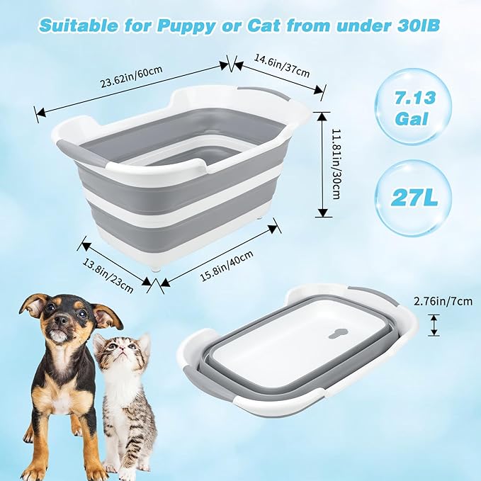 FHTONGE 7.13 Gal/27L Raised Collapsible Dog Bathtub with Drain Hair Catcher, Multifunctional Pet Washtub for Small to M Dog, Portable Puppy Tub Cat Shower Basin Laundry Basket Storage Organize Bucket-PurrikoPets