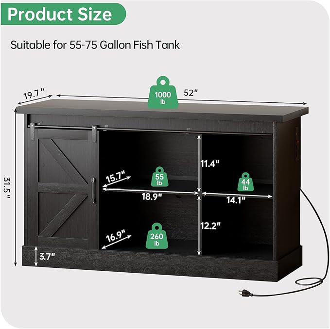 Fish Tank Stand Up to 75 Gallon, Aquarium Stand with Sliding Barn Doors & Power Outlet, Black Farmhouse Style Stand with Cabinet Storage for Fish Tank, Turtle Tank, Reptile Terrarium,1000LBS Capacity-PurrikoPets