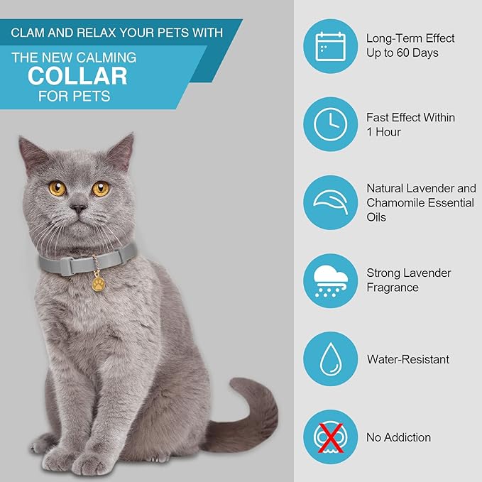 4 Pcs Cat Calming Collar Adjustable Lavender Scent Relaxing Cat Collar with 2 Pendant for Puppies Reduce Stress Aggression Anxious, up to 15 Inches(Grey, Silver)-PurrikoPets