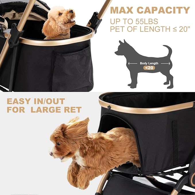 3 in 1 Pet Stroller with 4 Wheels, Foldable Pet Travel Carrier for Small/Medium Dogs Cats up to 50lbs, Detachble Portable Pet Bag, Storage Basket-PurrikoPets