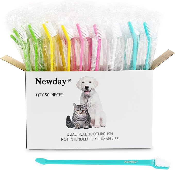 50 Pack Dual Ended Long Dog & Cat Toothbrush, Pet Safe Super Soft Bristles for Pet Dog Puppy Kitten Dental & Oral Care Teeth & Gums, Pet toothbrushes in Box, Bulk Individual polybag (Colorful)-PurrikoPets