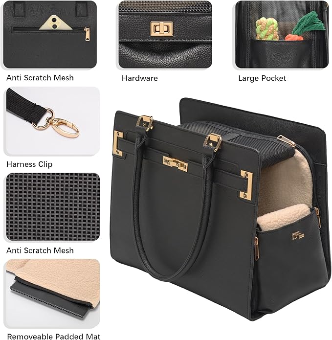 2-in-1 Stylish Dog Purse Carrier Soft-Sided Carriers Travel Tote Bag for Small Dogs Cats, Fashion Foldable Pet Bag for Puppies Small Animals with Pockets (Black, 15" L x 7.5" W x 12.2" H)-PurrikoPets